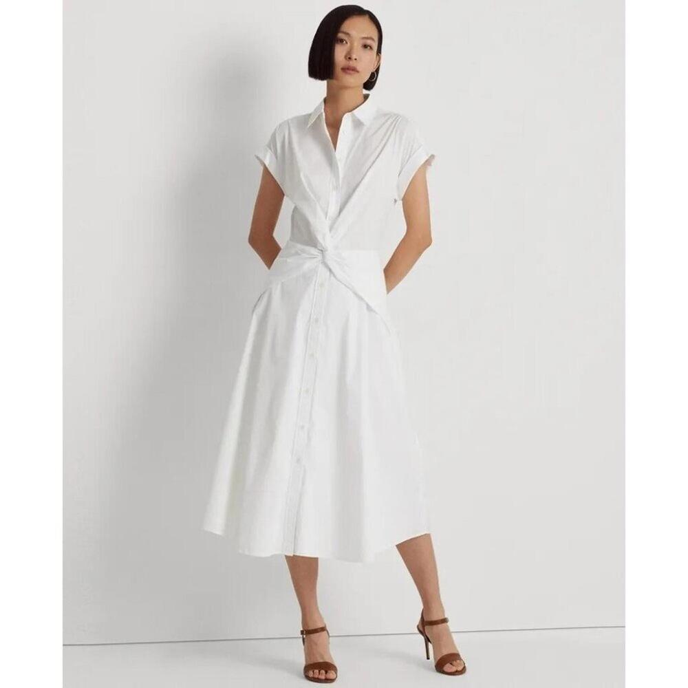 165$ Lauren Ralph Lauren Twist-Front Cotton-Blend Shirt Dress Size 6 White - Picture 1 of 1